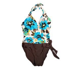 Chadwicks One Piece Swimsuit Womens 14 Floral Halter Tummy Control Brown